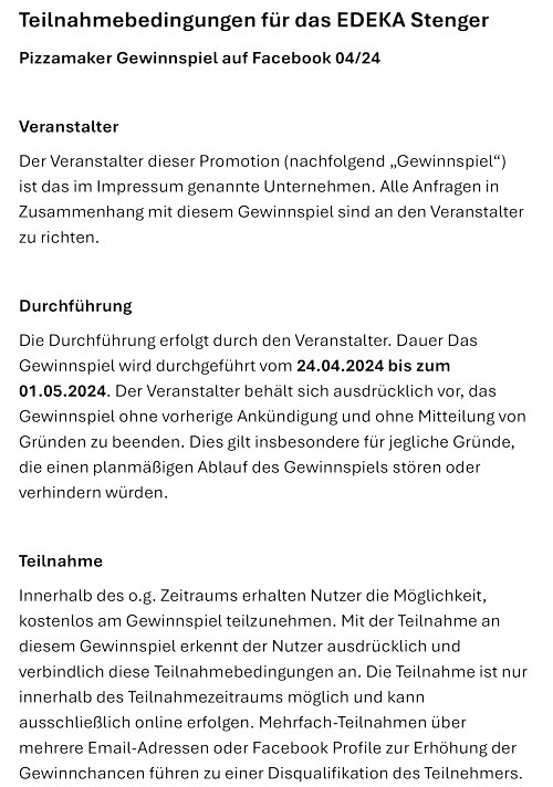 Teilnahmebedingungen Gewinnspiel PIZZAMAKER EDEKA Stenger 1